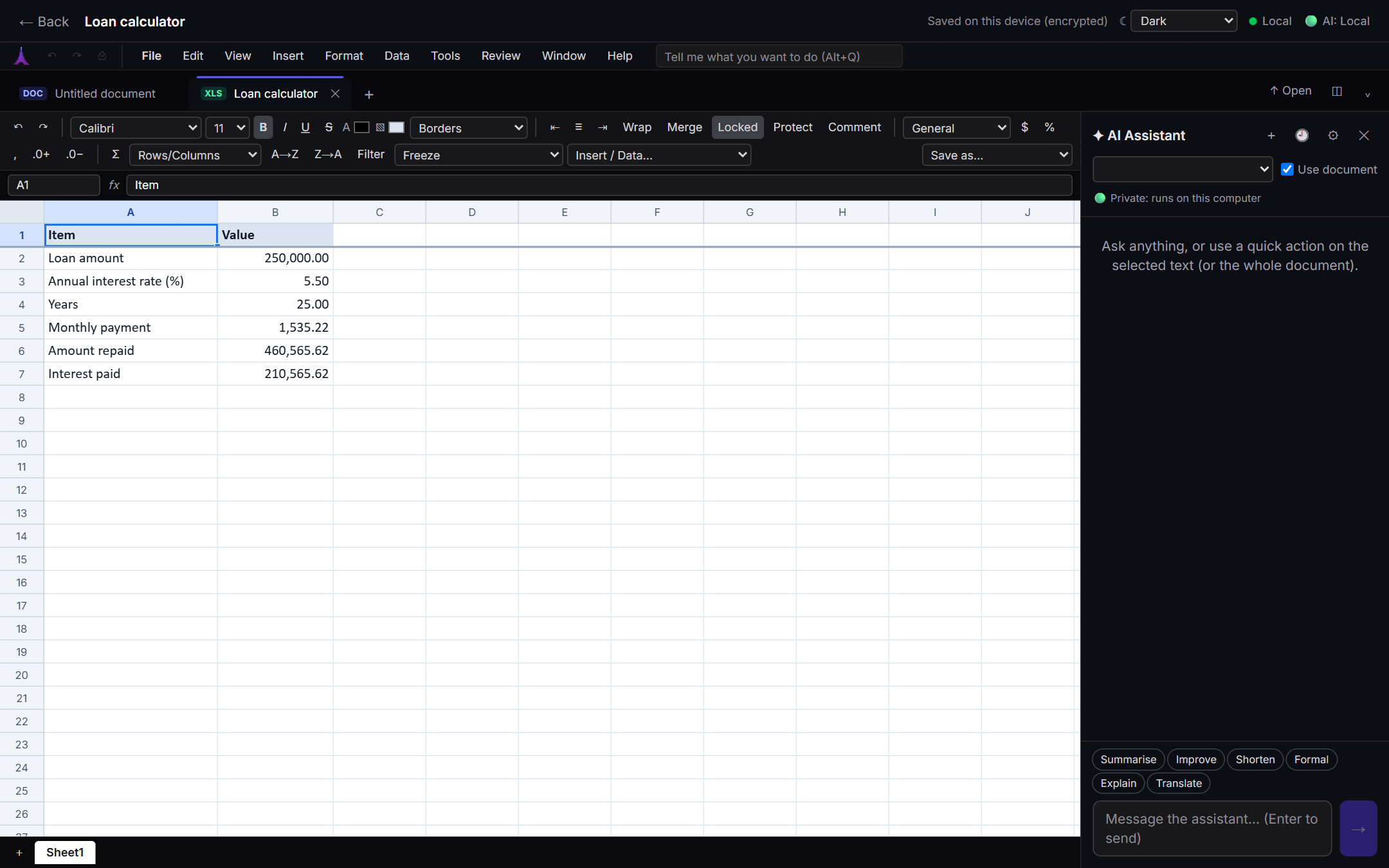 A spreadsheet in FABRIC